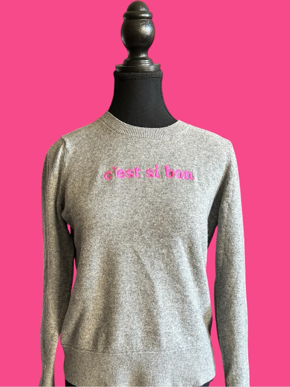Gray Sweater with Pink "c'est si bon" Embroidery